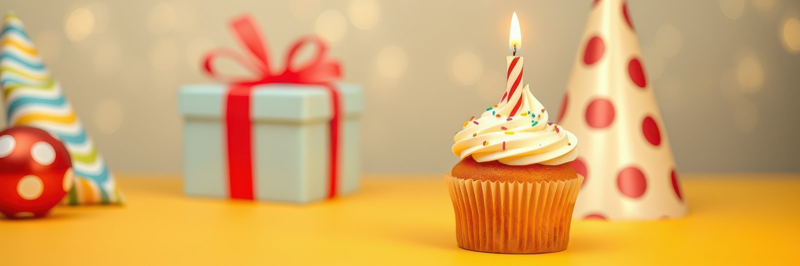 Celebrate with a beautifully decorated cupcake and festive party items on a cheerful table setting